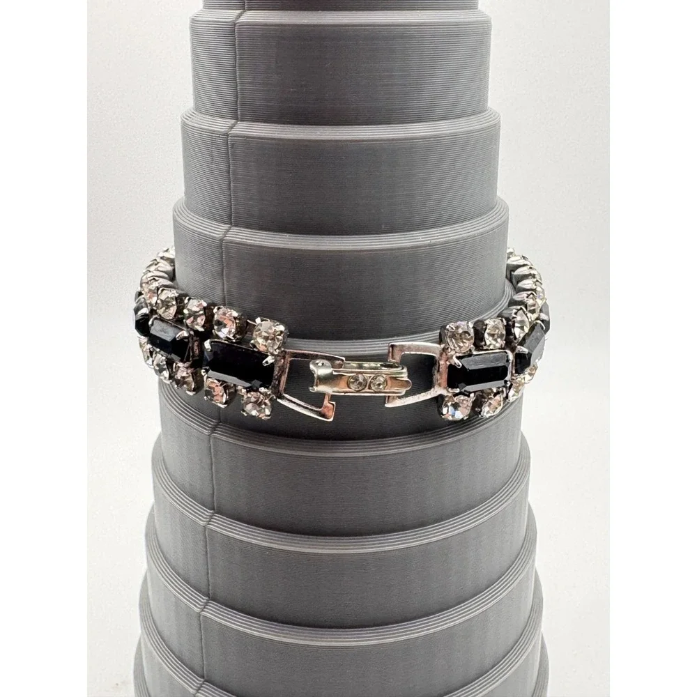 Vintage Rhinestone Bracelet Black Emerald Cut Clear 3 Row Jeweled Clasp MCM